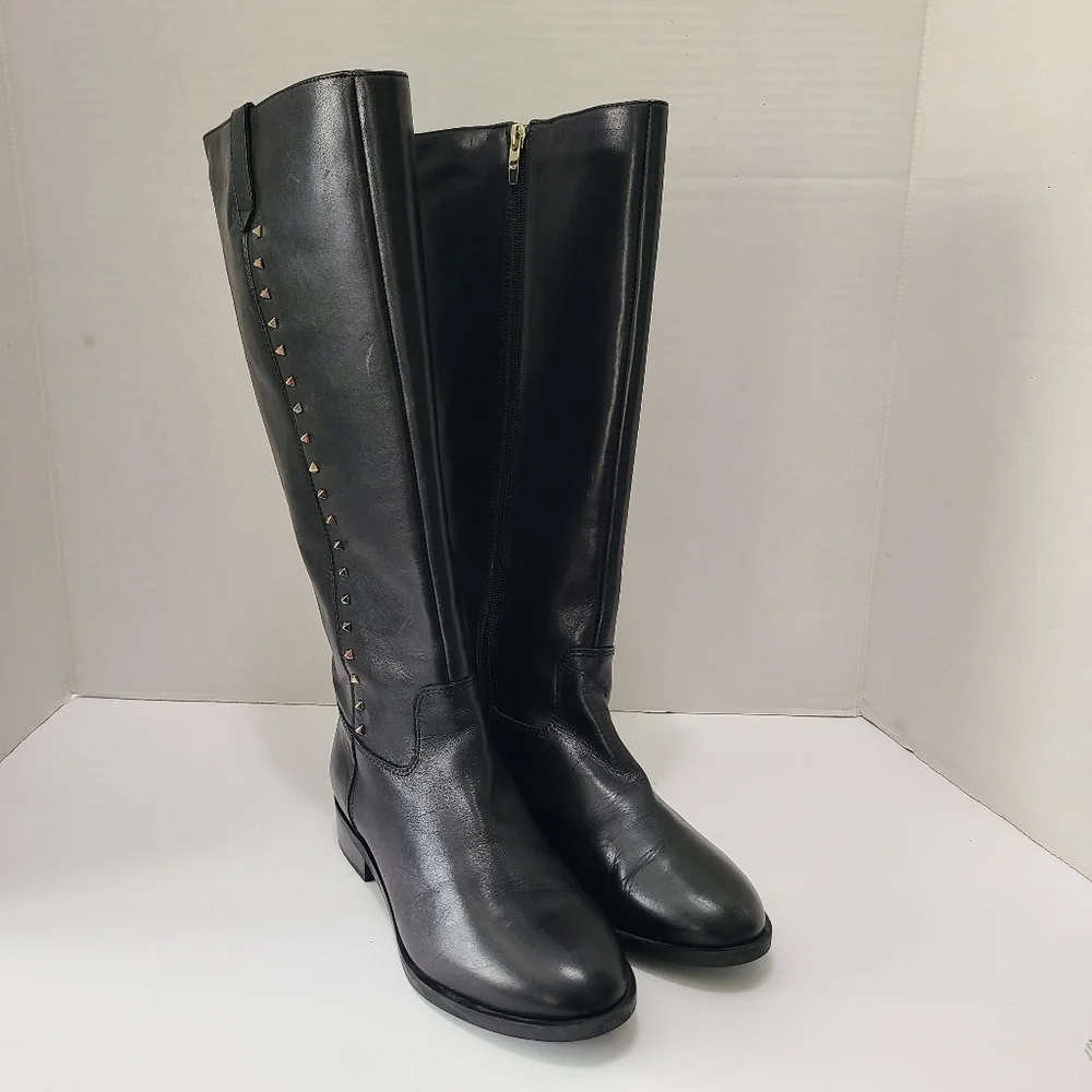 Marc Fisher Secrit Black‎ Studded Leather Knee-High Boots Wide Calf 7.5